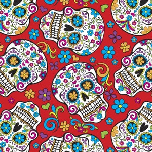 Sugar Skulls on Red Fabric, 100% Cotton, Halloween Fabric, Skeleton Fabric, Day of the Dead fabric, Fabric by the Yard