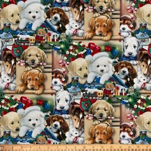 Puppies Christmas Fabric, 100% Cotton, Fabric by the  1/2 Yard, Choose your Cut