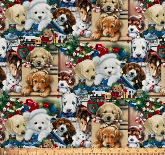 Puppies Christmas Fabric, 100% Cotton, Fabric by the  1/2 Yard, Choose your Cut