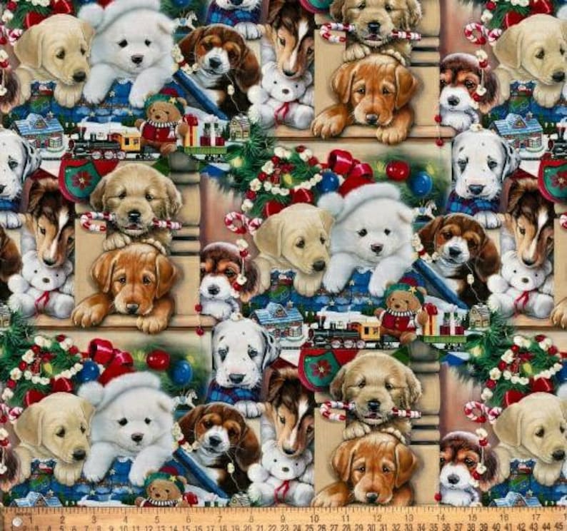 May include: A colourful fabric featuring a repeating pattern of puppies wearing Santa hats and holding candy canes. The fabric is decorated with Christmas greenery and red and white baubles.