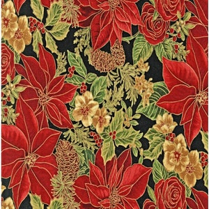 Christmas Poinsettia Fabric, 100% Cotton, Christmas Fabric, Fabric by the Yard