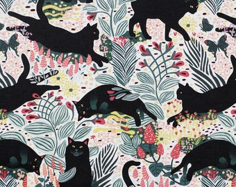 Black Cats and Flowers Fabric, 100% Cotton, Fabric by the Yard, Choose your Cut