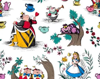 Tessuto con licenza Alice nel Paese delle Meraviglie, 100% cotone, tessuto tagliato su misura, scegli il tuo taglio, trapuntatura