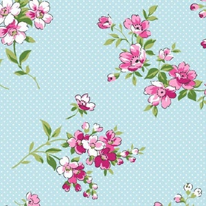 Pink Flowers on Blue, 100% Cotton fabric, Fabric by the Yard