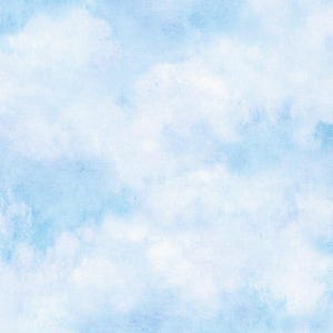 May include: A seamless pattern featuring a watercolor design of fluffy white clouds against a light blue sky. The soft, blended effect creates a dreamy, airy aesthetic, perfect for backgrounds or fabric designs.