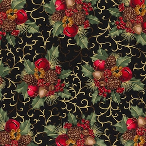 Christmas Holly and Pinecones Fabric, 100% Cotton, Christmas Fabric, Fabric by the Yard
