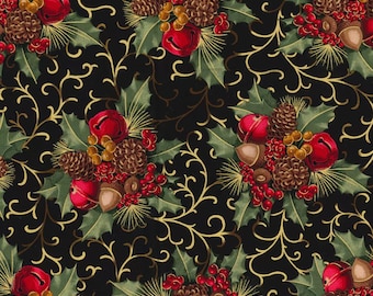Kersthulst en dennenappels, 100% katoen, kerststof, stof op maat gesneden