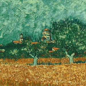 May include: A painting of a village scene with a church in the background, surrounded by trees and a field of golden wheat.