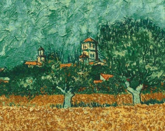 Tela de paisaje con trazos de pintura, 100 % algodón, cortada a medida