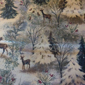 Christmas Deer and Forest Fabric with Glitter, 100% Cotton, vintage forest Christmas Fabric, Fabric by the Yard