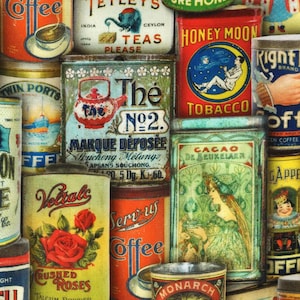 Antique Tins Fabric, 100% Cotton, Fabric by the Yard, Choose your Cut, quilting