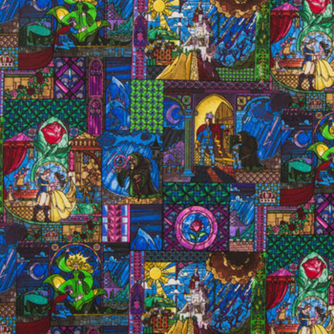 Beauty and the Beast Stained Glass Fabric, 100 Cotton, Fabric by the