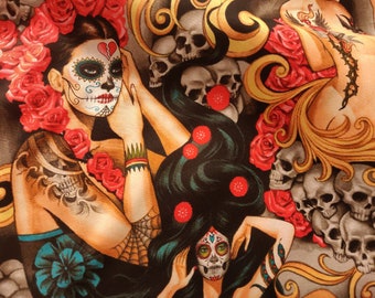 Day of the Dead Fabric, 100% Cotton,  Alexander Henry Las Elegantes Fabric, Halloween Fabric, Fabric by the Yard