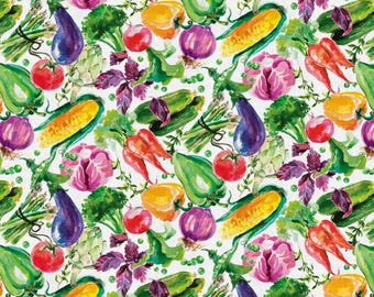 May include: A seamless pattern featuring a variety of colorful vegetables and herbs, including red tomatoes, green peppers, purple onions, yellow corn, and orange carrots. The background is white.