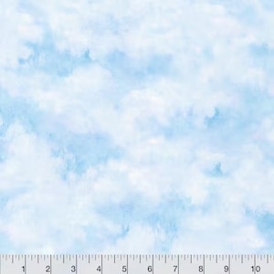 May include: Light blue and white fabric with a cloud pattern. The design features soft, fluffy clouds against a pale blue sky, creating a dreamy and airy aesthetic. The fabric is suitable for various crafting and sewing projects.