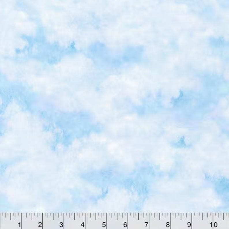 May include: Light blue and white fabric with a cloud pattern. The design features soft, fluffy clouds against a pale blue sky, creating a dreamy and airy aesthetic. The fabric is suitable for various crafting and sewing projects.
