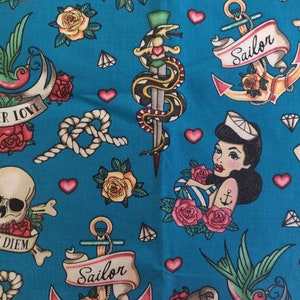 Tessuto Sailor Tattoo, 100% cotone, tessuto tagliato su misura, scegli il tuo taglio, trapuntatura