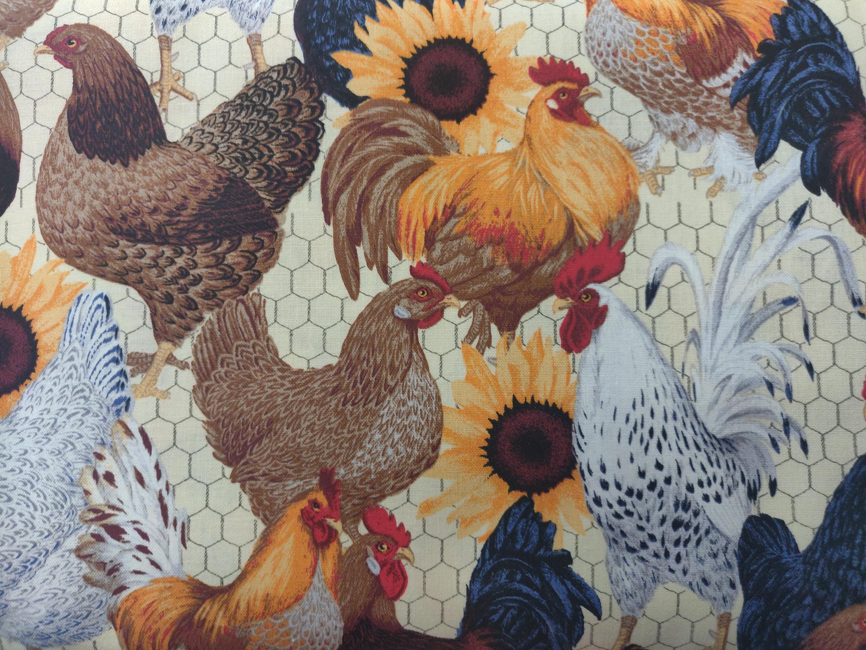 Chicken Fabric, 100% Cotton Fabric, Chickens and Sunflowers, Rooster ...