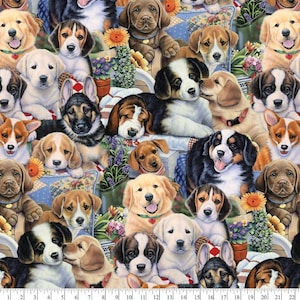 Puppies Fabric, Dogs and Flowers Fabric, 100% Cotton, Fabric by the Yard, Choose your Cut