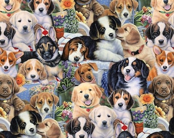 Tela de Cachorros, Tela de Perros y Flores, 100% Algodón, Tela cortada a medida, Elige tu Corte