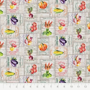 Vegetable Seeds Fabric, 100% Cotton, Fabric by the Yard, Seed Packet Fabric, Choose your Cut