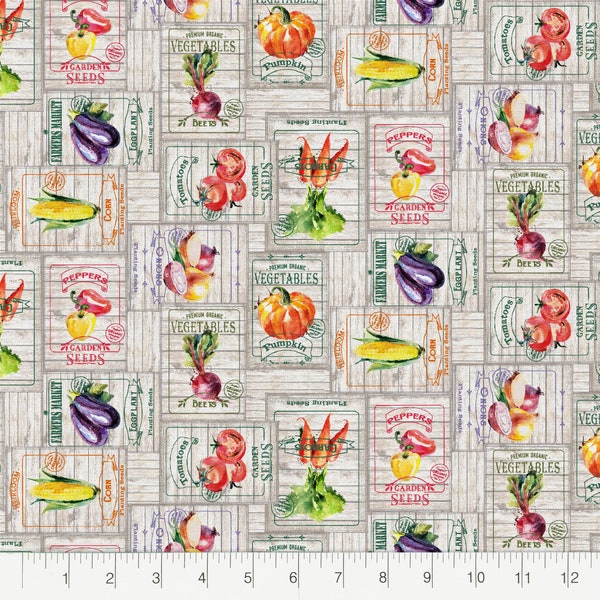 Vegetable Seeds Fabric, 100% Cotton, Fabric by the Yard, Seed Packet Fabric, Choose your Cut