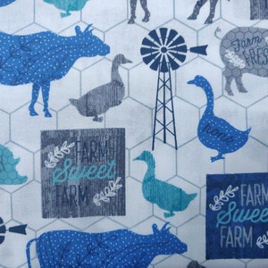 Farm Animal in Blues Fabric, 100% Cotton fabric, Fabric by the Yard