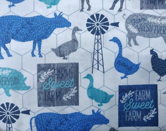 Farm Animal in Blues Fabric, 100% Cotton fabric, Fabric by the Yard