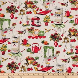 Retro Kitchen Fabric, 100% Cotton, Cooking Fabric, Fabric by the Yard, Choose your Cut