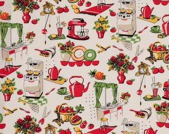 Retro Kitchen Fabric, 100% Cotton, Cooking Fabric, Fabric by the Yard, Choose your Cut