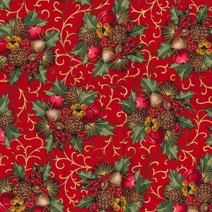 Christmas Holly and Pinecones Fabric, 100% Cotton, Christmas Fabric, Fabric by the Yard