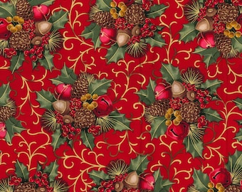 Christmas Holly and Pinecones Fabric, 100% Cotton, Christmas Fabric, Fabric by the Yard
