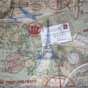May include: A fabric with a travel theme, featuring world maps, compass roses, and vintage postcards. The design includes the Eiffel Tower, the Colosseum, and the text "Around the World" and "Book Your Holidays". The color palette is beige, brown, and red.