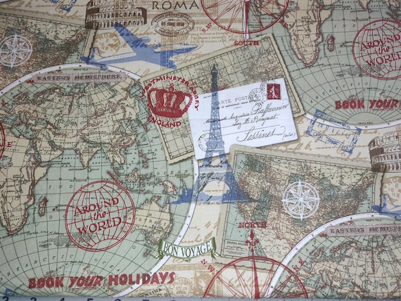 Travel Fabric, 100% Cotton fabric, Fabric by the Yard