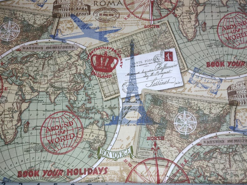 May include: A fabric with a travel theme, featuring world maps, compass roses, and vintage postcards. The design includes the Eiffel Tower, the Colosseum, and the text "Around the World" and "Book Your Holidays". The color palette is beige, brown, and red.
