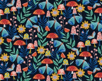 Mushrooms and Moths Fabric, 100% Cotton, Fabric by the Yard, Choose your Cut, quilting