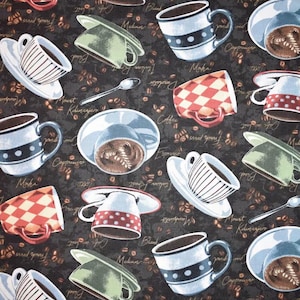 Coffee Mug Fabric, 100% Cotton, Coffee Fabric, Fabric by the Yard, Choose your Cut