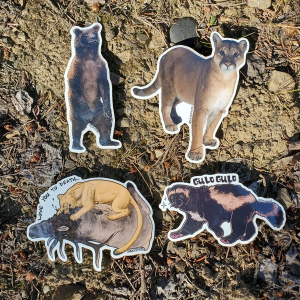 Sticker 4 Pack - Mountain lion, Bear, Wolverine - Nature Wildlife Art Sticker