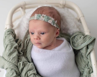 Sage ivory newborn headband,sage  green baby headband, mint sage baby headband,Dainty sage baby headband