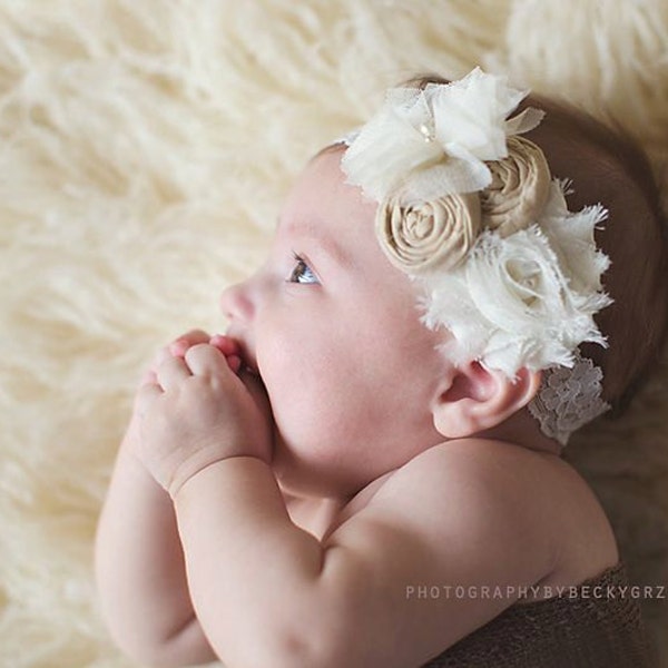 Off White Beige Ivory  Headband , Tulle Flower Chiffon Flower Rosettes  Headband for babies girls