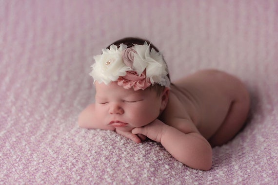 Baby Pink Cake Smash Birthday White Girls Purple Photos HEADBAND Peach Rhinestones Newborn Cream FlowerFloral Elastic Gift