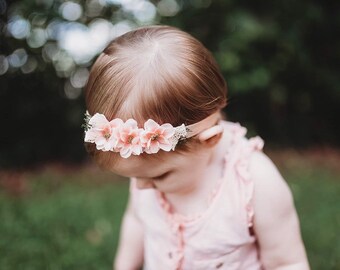 Peach baby headband,floral headband,peach headband ,light pink flower headband , dainty floral bow , toddler headband,