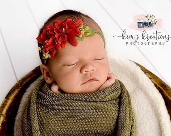 Red Olive green baby headband ,Christmas Newborn jersey headband ,Nylon green headband Newborn festive headband Christmas baby headband