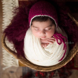 Raspberry maroon cream baby bonnet , trim ruffle newborn bonnet ,Dark pink raspberry baby bonnet