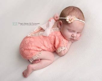 Newborn Peach Headband , Cream peach  headband, Newborn ivory headband , Pink flower Ivory baby headband