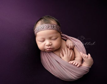 Mauve baby headband,embroidered headband,mauve purple newborn headband Vintage baby photo prop Purple jewel color baby headband RTS prop