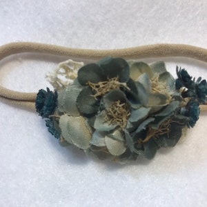 grey blue teal beige floral newborn headband Dainty flowers baby hairbow headband Beige jersey baby headband tieback halo