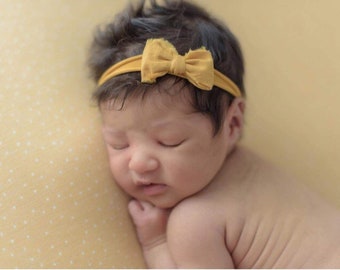 Dark yellow marigold bow newborn headband tie back Yellow mustard bow headband,Fall rustic mustard simple bow autumn baby headband