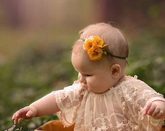 Fall Yellow green baby headband VintageFlowers headband, mustard Yellow baby headband,Baby headband,Sitter flowers headband