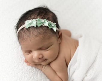 Sage headband,baby sage bow, newborn sage headband, cream sage photo prop headband
